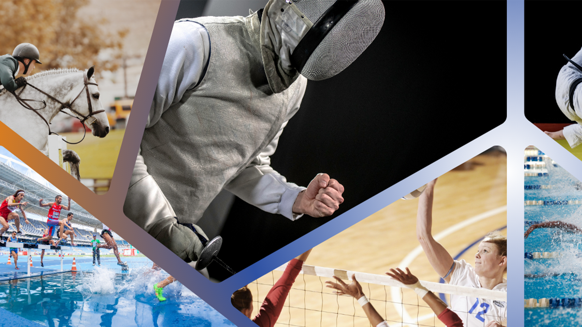 atletas (un jinete, un esgrimista, jugadores de balonmano, obstaculos, nadadores y judokas)